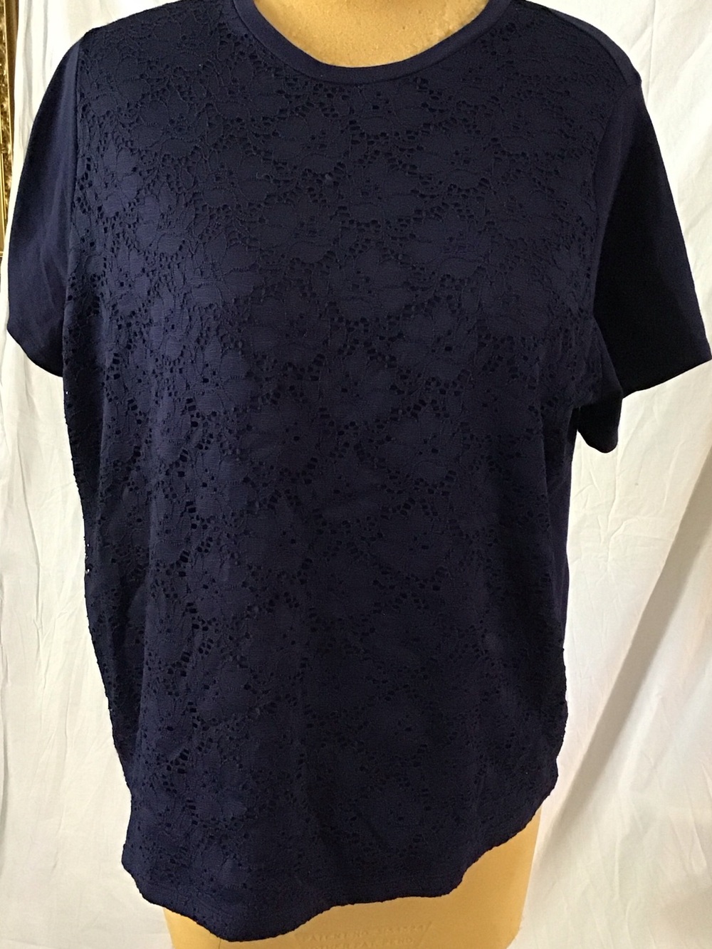 Basic Editions Navy Short Sleeve Lace Front Tee
